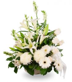 Basket Arrangement Of Mixed White Flowers